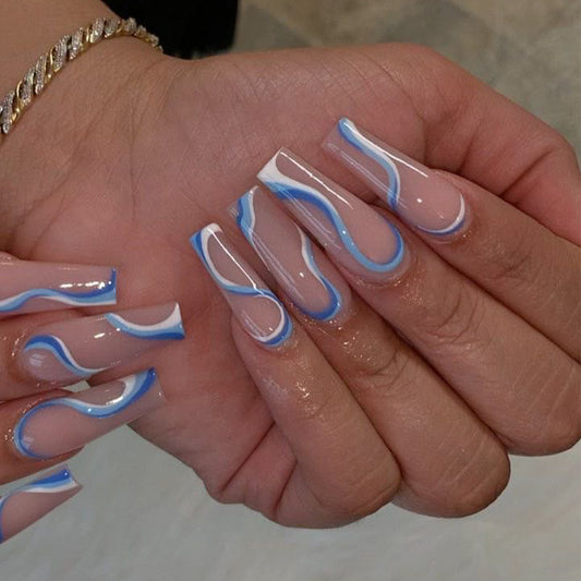 Press-on false nails blue color flexible salon-quality finish on hand