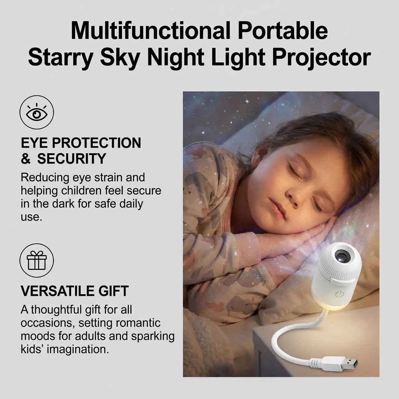 Starry sky projector lamp for kids room showing star ceiling night light effect