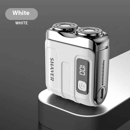 Compact men's shaver showing floating cutter head and ergonomic grip