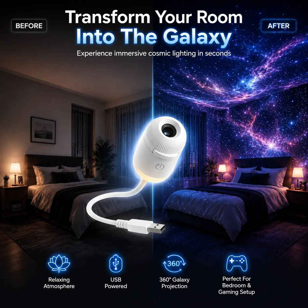USB starry sky projector lamp projecting galaxy stars on bedroom ceiling